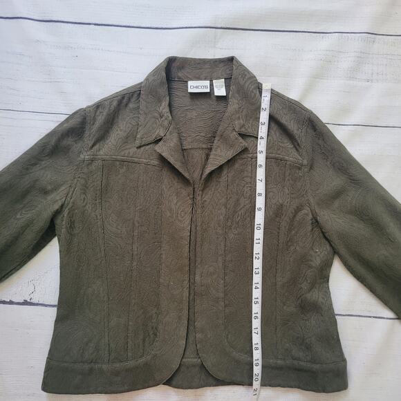 Chico's Size 1 US M Scroll Embossed Pattern Open Front Blazer Jacket Olive Green - Picture 5 of 10